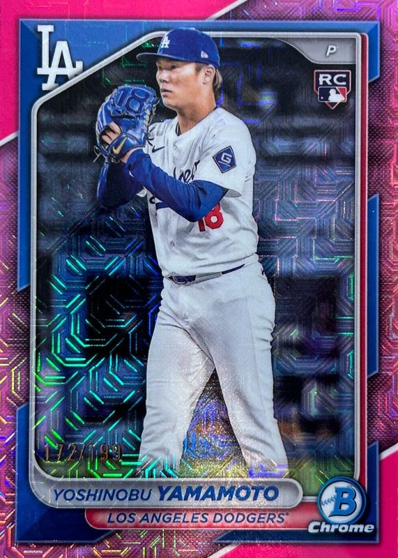 Yoshinobu Yamamoto 2024 Bowman Chrome Mega Box #73 Pink Mojo Refractor /199 Rookie PSA 10