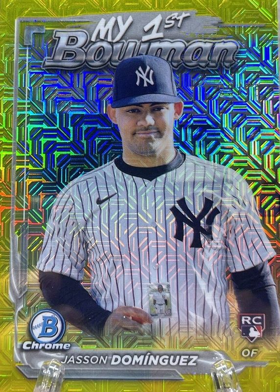 Jasson Dominguez 2024 Bowman Chrome Mega Box #M1B-32 My 1st Bowman - Yellow Mojo Refractor /75 Rookie PSA 10