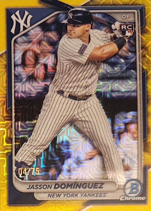 Jasson Dominguez 2024 Bowman Chrome Mega Box #94 Yellow Mojo Refractor /75 Rookie PSA 10