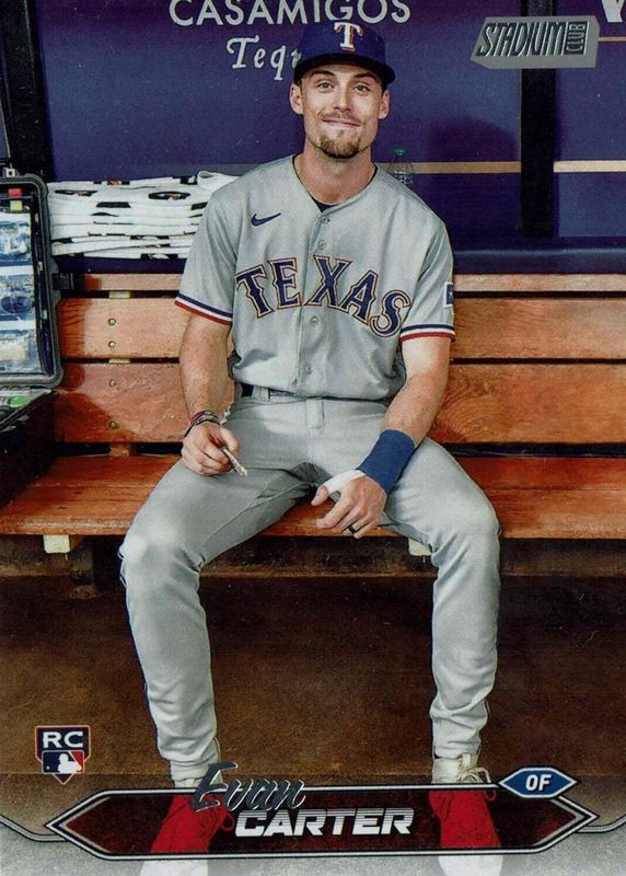 Evan Carter 2024 Stadium Club #208 Image Variation (Sitting in Dugout) Rookie PSA 10