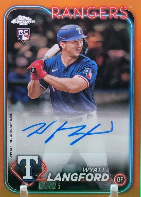 Wyatt Langford 2024 Topps Chrome Update #AC-WL Autographs - Orange Refractor /25 Rookie RAW