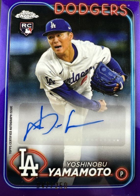 Yoshinobu Yamamoto 2024 Topps Chrome Update #AC-YY Autographs - Purple Refractor /250 Rookie RAW