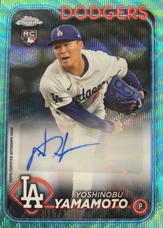 Yoshinobu Yamamoto 2024 Topps Chrome Update #AC-YY Autographs - Aqua Wave Refractor /199 Rookie RAW