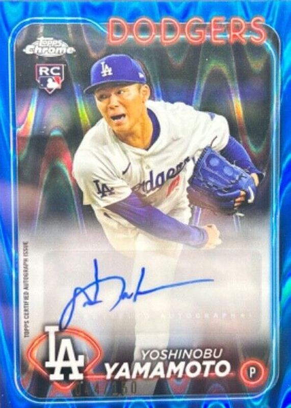 Yoshinobu Yamamoto 2024 Topps Chrome Update #AC-YY Autographs - Blue RayWave Refractor /150 Rookie PSA 10