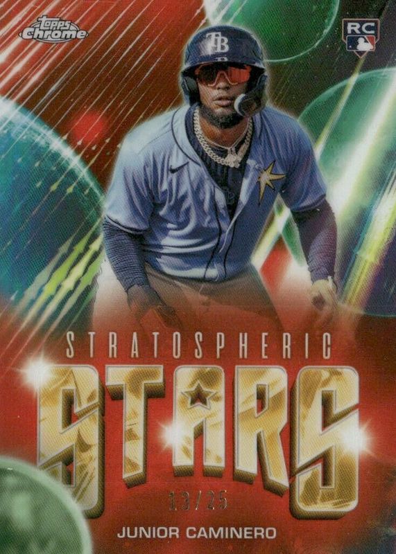 Junior Caminero 2024 Topps Chrome Update #SSC-18 Stratospheric Stars - Orange Refractor /25 Rookie RAW