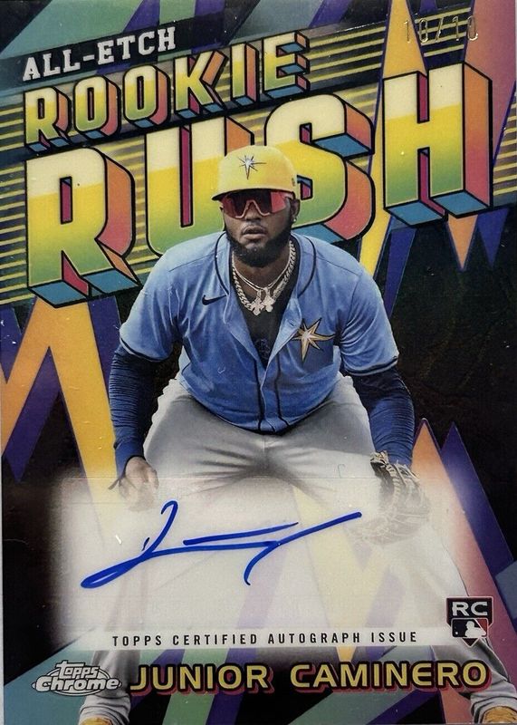 Junior Caminero 2024 Topps Chrome Update #CURR-JC All-Etch Rookie Rush Autographs - Black Refractor /10 RAW