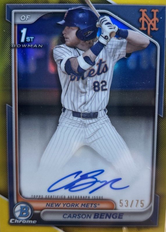 Carson Benge 2024 Bowman Draft #CPA-CBG Chrome DP Auto - Yellow Refractor /75 (1st) RAW