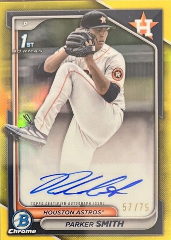 Parker Smith 2024 Bowman Draft #CPA-PSM Chrome DP Auto - Yellow Refractor /75 (1st) RAW