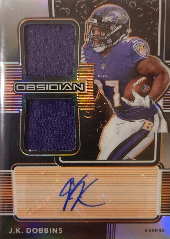 JK Dobbins 2020 Obsidian #RJI-23 Rookie Jersey Ink - Electric Etch Orange (/99) RAW