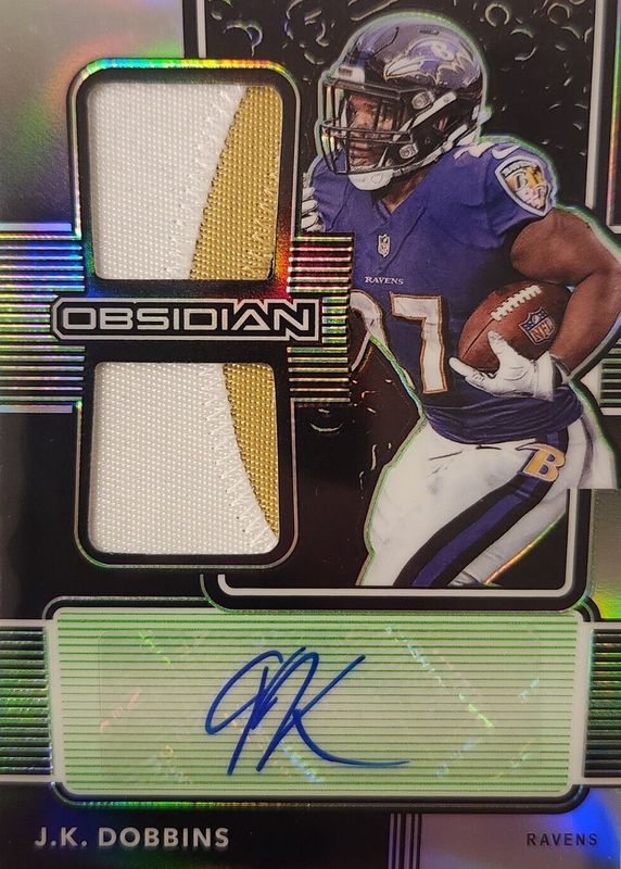 JK Dobbins 2020 Obsidian #RJI-23 Rookie Jersey Ink - Electric Etch Green /50 RAW