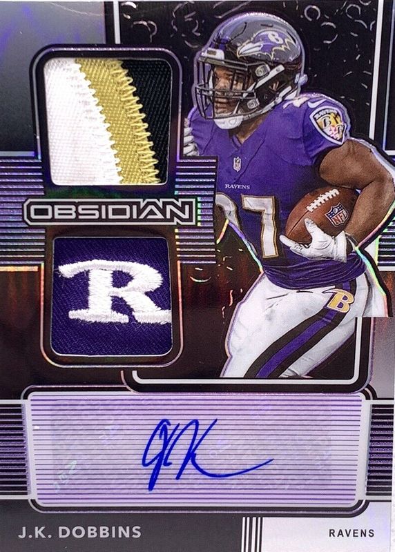 JK Dobbins 2020 Obsidian #RJI-23 Rookie Jersey Ink - Electric Etch Purple (/40) RAW