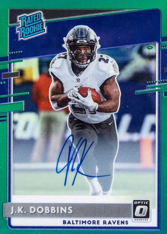 JK Dobbins 2020 Optic #161 Rated Rookie Autographs - Green /5 Rookie SGC 9.5