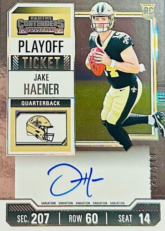 Jake Haener 2023 Contenders #113 Rookie Ticket Auto Variation - Playoff Ticket /149 RAW