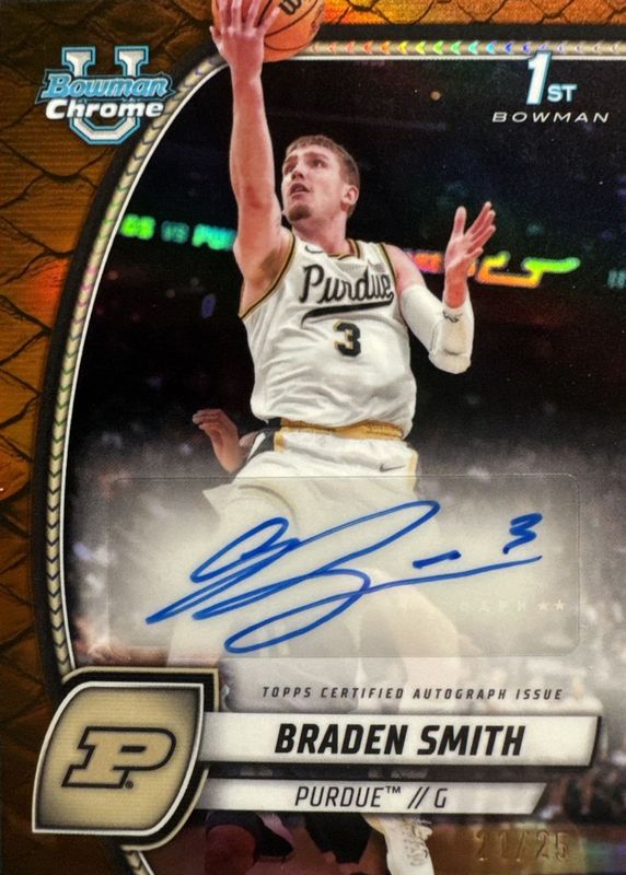 Braden Smith 2024 Bowman Chrome University #12 Prospect Auto - Reptilian Orange Refractor /25 (1st) RAW