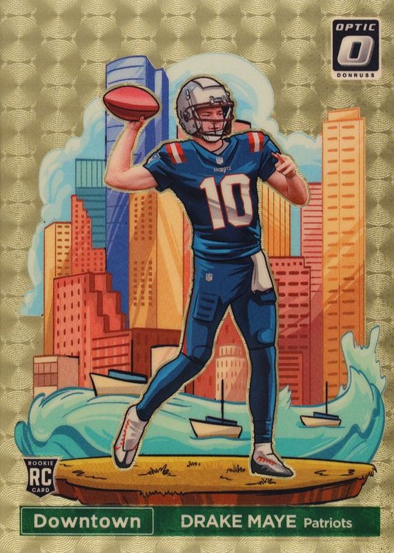 Drake Maye 2024 Optic #13 Downtown - Gold Vinyl /1 Rookie RAW