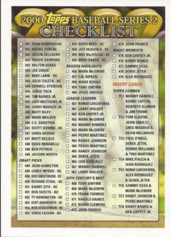 2000 Topps #2 Checklists Series 2 Yellow (Retail)