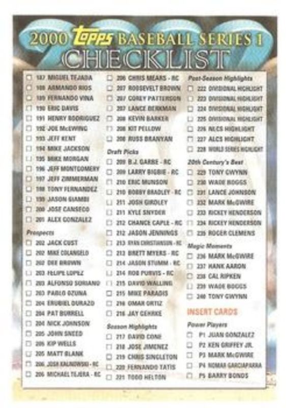 2000 Topps #2 Checklists Series 1 Blue (Retail)