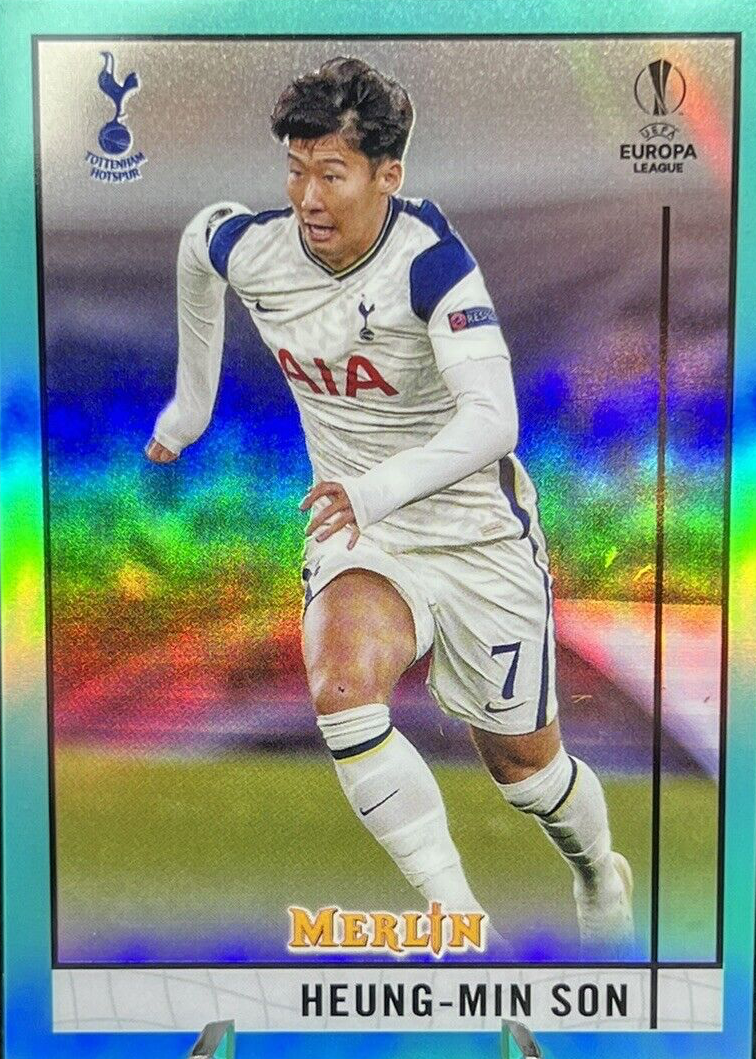 Carte Réfracteur Heung-Min Son 2020-21 Topps Merlin Chrome UEFA Aqua #/199, Tottenham