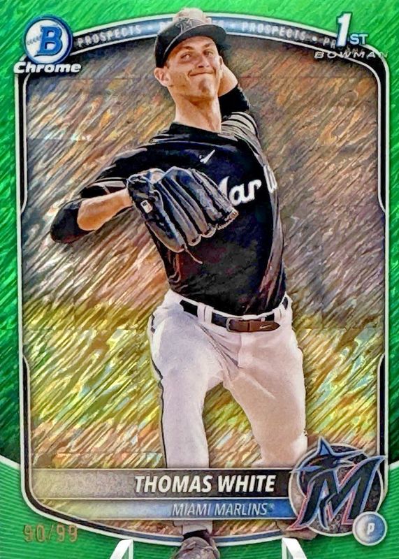Thomas White 2025 Bowman #BCP-69 Chrome Prospects - Green Shimmer Refractor /99 (1st) RAW