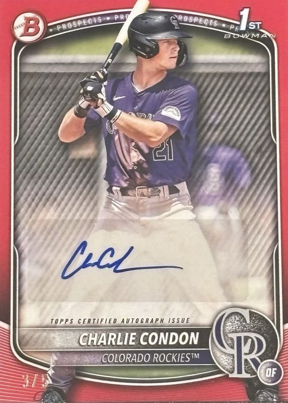 Charlie Condon 2025 Bowman #BPA-CC Prospect Auto - Red Border /5 (1st) RAW