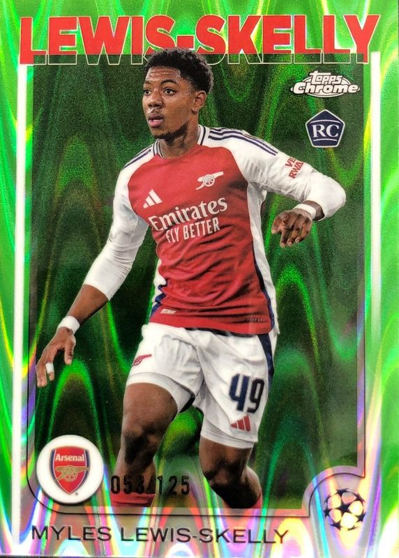 Myles Lewis-Skelly 2024 Topps Chrome UEFA Club Competitions #154 Neon Green RayWave Refractor /125 Rookie RAW