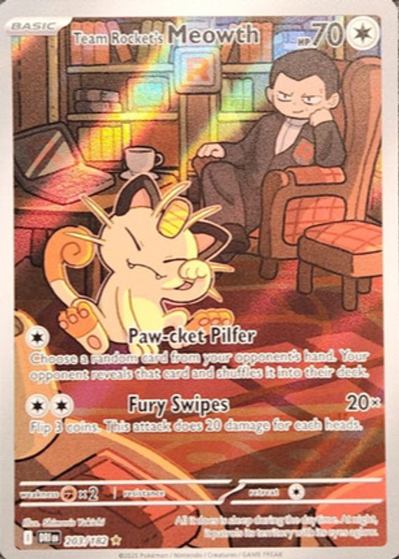 team rocket meowth pokemon card Rocket's 203/182 IR Destined Rivals Near Mint TheForgedGames Promo Card Type Team Rocket's Meowth Pokemon Cards
