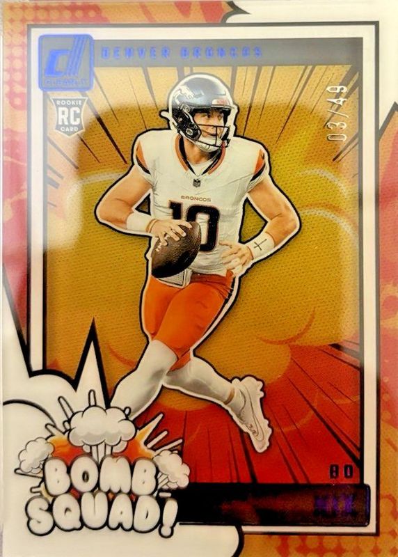 Bo Nix 2024 Clearly Donruss #4 Clearly Bomb Squad - Blue /49 Rookie RAW