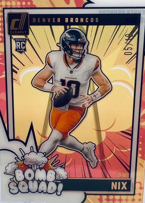 Bo Nix 2024 Clearly Donruss #4 Clearly Bomb Squad - Gold /10 Rookie RAW