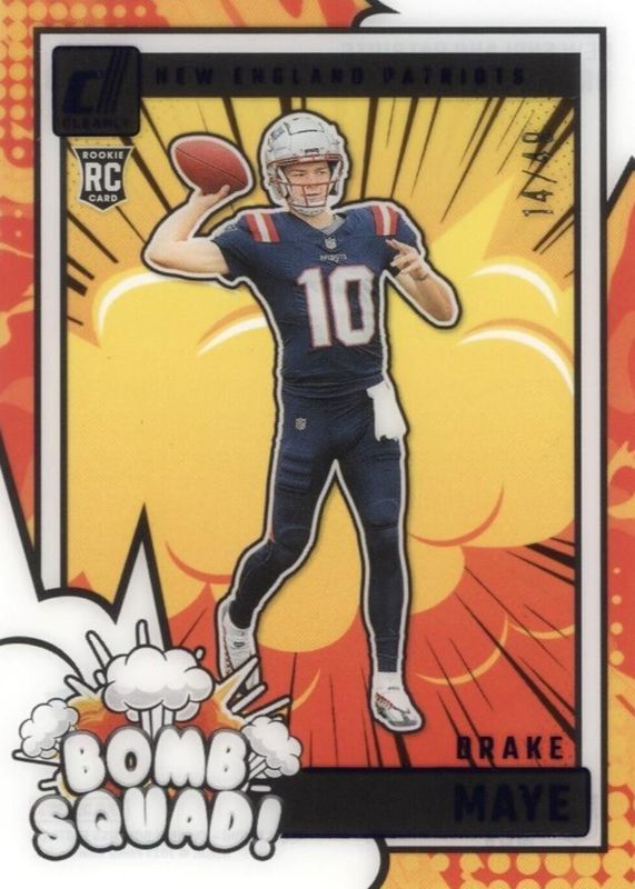 Drake Maye 2024 Clearly Donruss #3 Clearly Bomb Squad - Blue /49 Rookie RAW