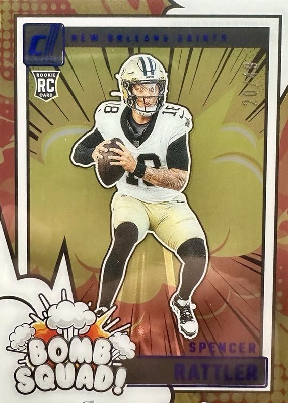 Spencer Rattler 2024 Clearly Donruss #8 Clearly Bomb Squad - Blue /49 Rookie RAW