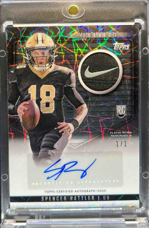 Spencer Rattler 2024 Topps Midnight #RJA-SR Rookie Jersey Autographs - Black Light /1 RAW