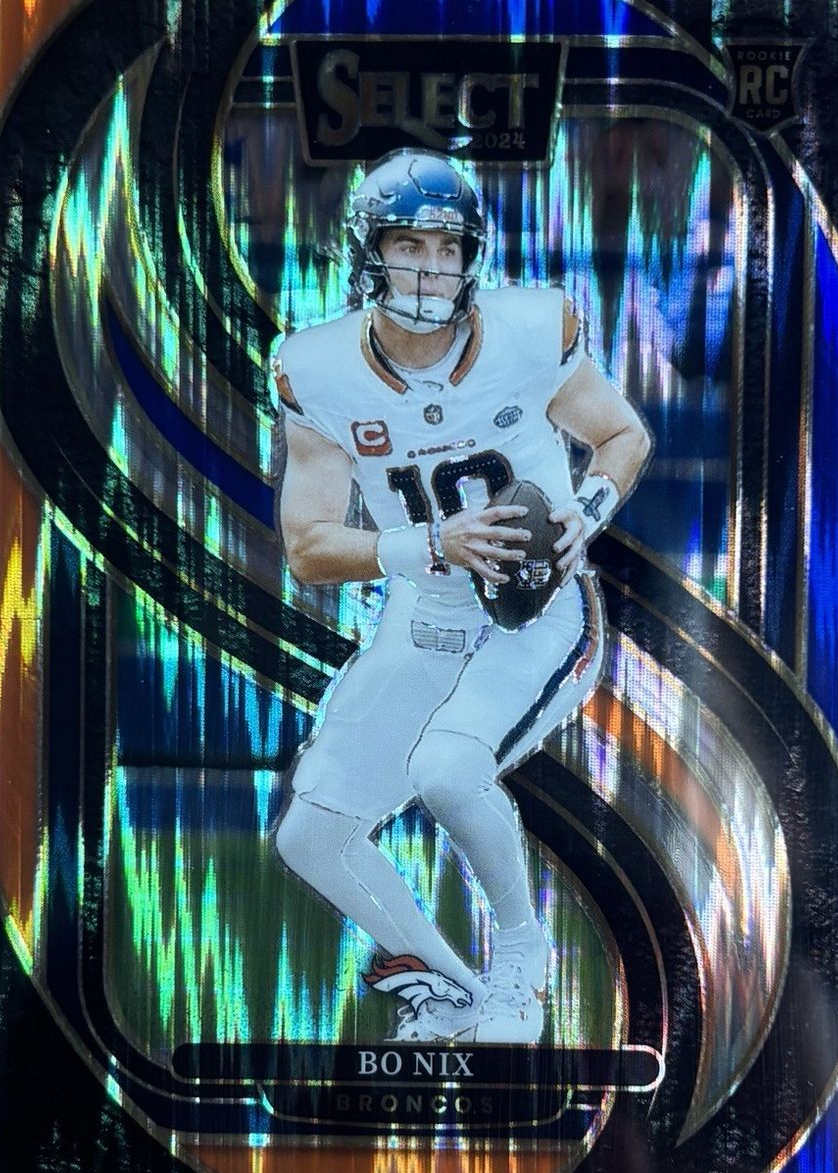 Bo Nix 2024 Select #117 Premier Level Blue & Orange Shock /35