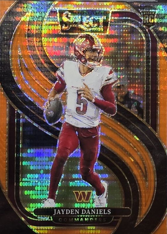 Jayden Daniels 2024 Select #112 Premier Level Neon Orange Pulsar /7 Rookie RAW