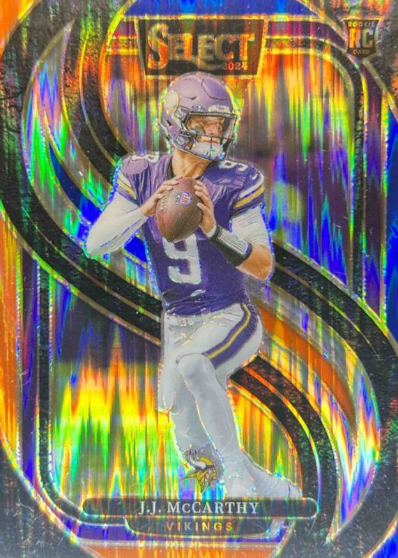 JJ McCarthy 2024 Select #134 Premier Level Blue & Orange Shock /35 Rookie RAW