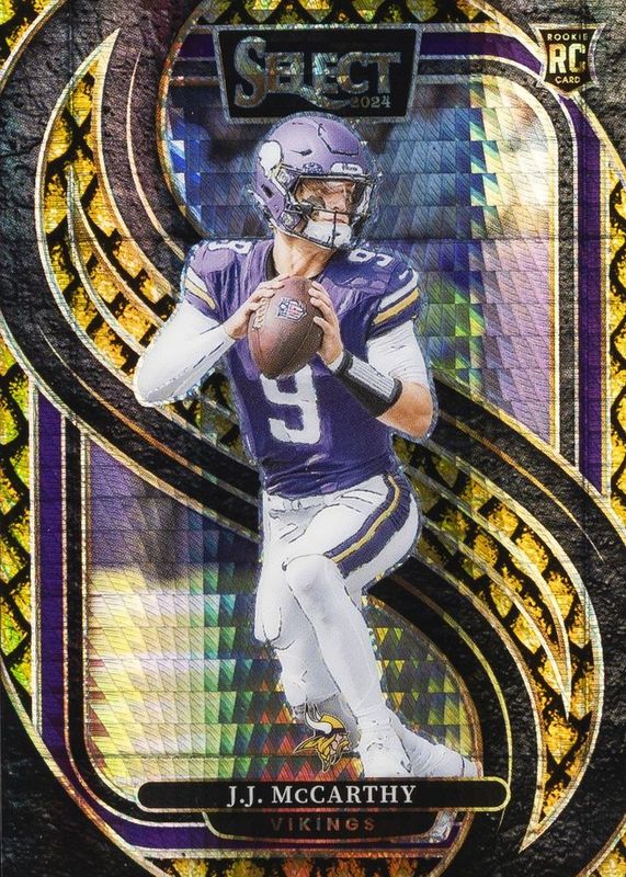 JJ McCarthy 2024 Select #134 Premier Level Gold Dragon Scale /10 Rookie RAW