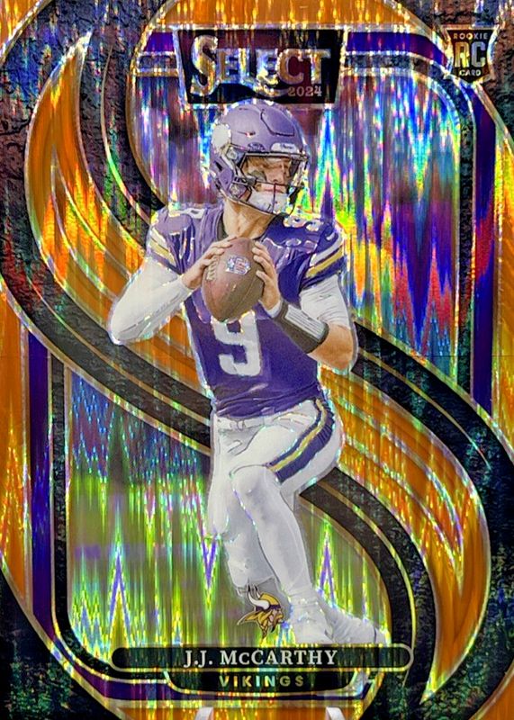 JJ McCarthy 2024 Select #134 Premier Level Orange Shock /399 Rookie RAW