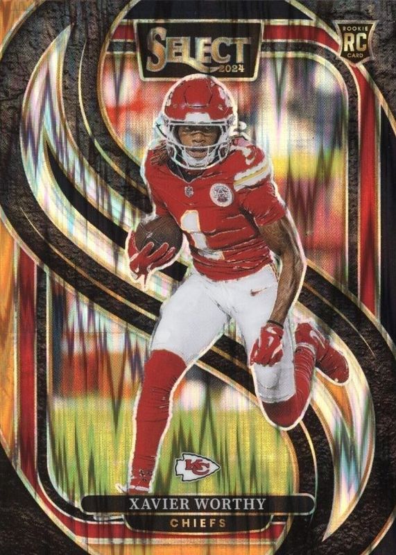 Xavier Worthy 2024 Select #119 Premier Level Black & Orange Shock Rookie RAW
