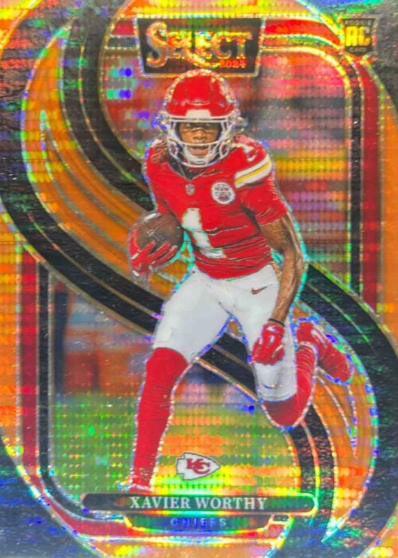 Xavier Worthy 2024 Select #119 Premier Level Neon Orange Pulsar /7 Rookie RAW