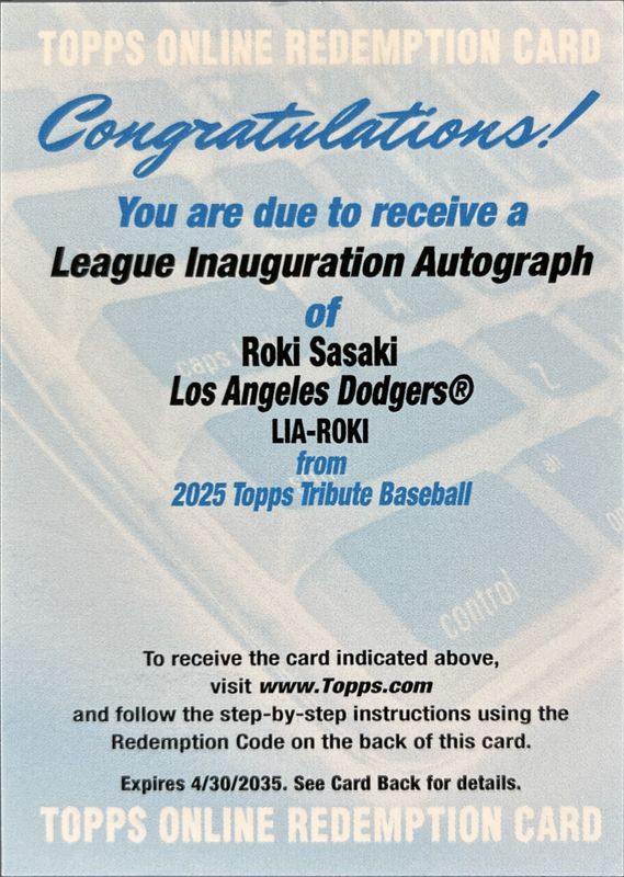 Roki Sasaki 2025 Topps Tribute #LIA-ROKI League Inauguration Autograph /99 Rookie RAW