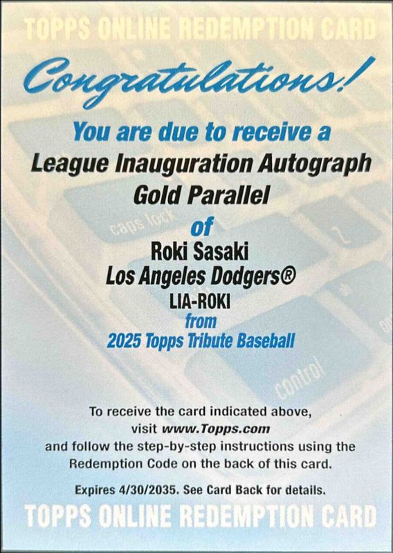 Roki Sasaki 2025 Topps Tribute #LIA-ROKI League Inauguration Autograph - Gold /75 Rookie RAW