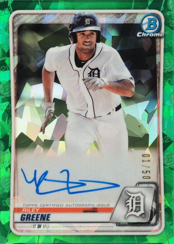 Riley Greene 2020 Bowman Sapphire Edition #BSPA-RG Chrome Prospect Auto - Green /50 RAW