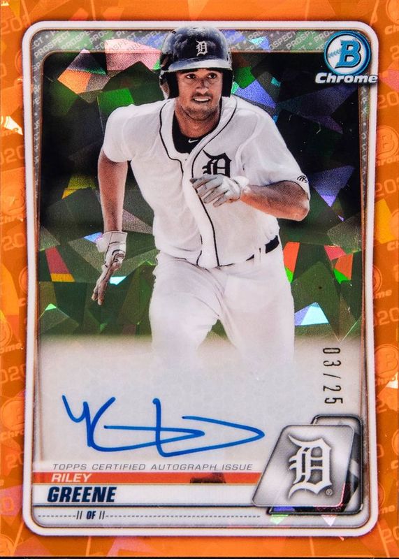 Riley Greene 2020 Bowman Sapphire Edition #BSPA-RG Chrome Prospect Auto - Orange /25 RAW