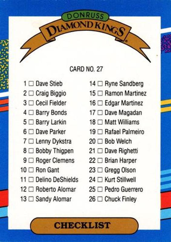 Checklist 1991 Donruss #27 Super Diamond Kings RAW