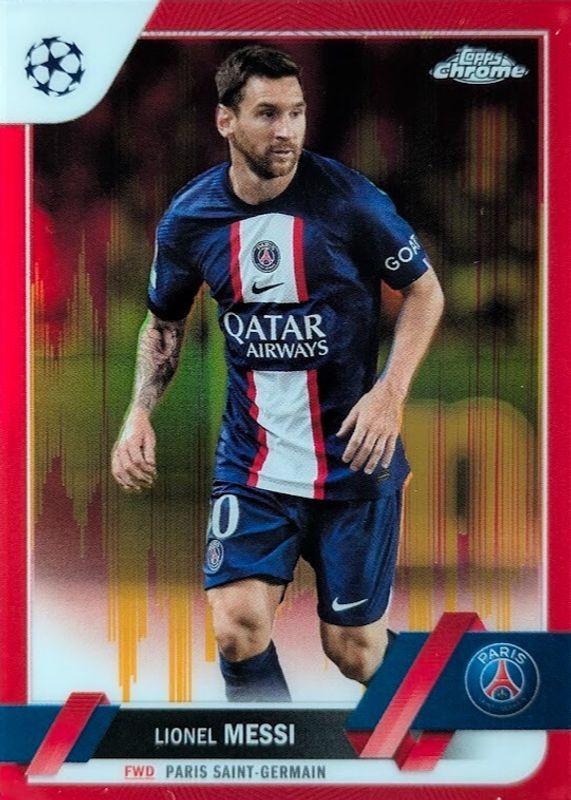 Lionel Messi 2022 Topps Chrome UEFA Club Competitions #1 Red & Gold Seismic Refractor RAW