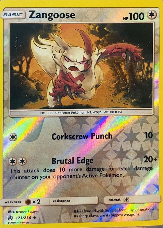 Zangoose 2019 Sun & Moon: Cosmic Eclipse #173/236 Reverse Holo Price Guide  - Sports Card Investor