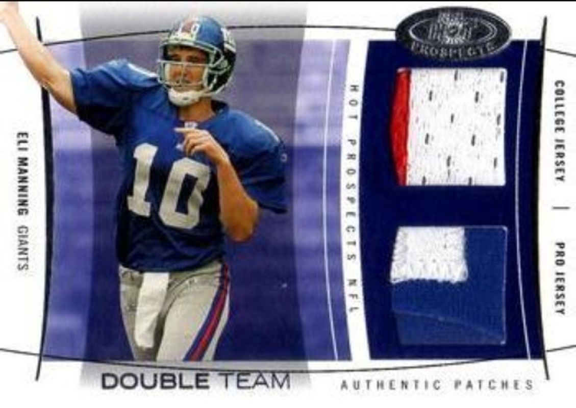 Eli Manning 2004 Fleer Hot Prospects #DT/EM Double Team Jersey Patches /50 Rookie RAW
