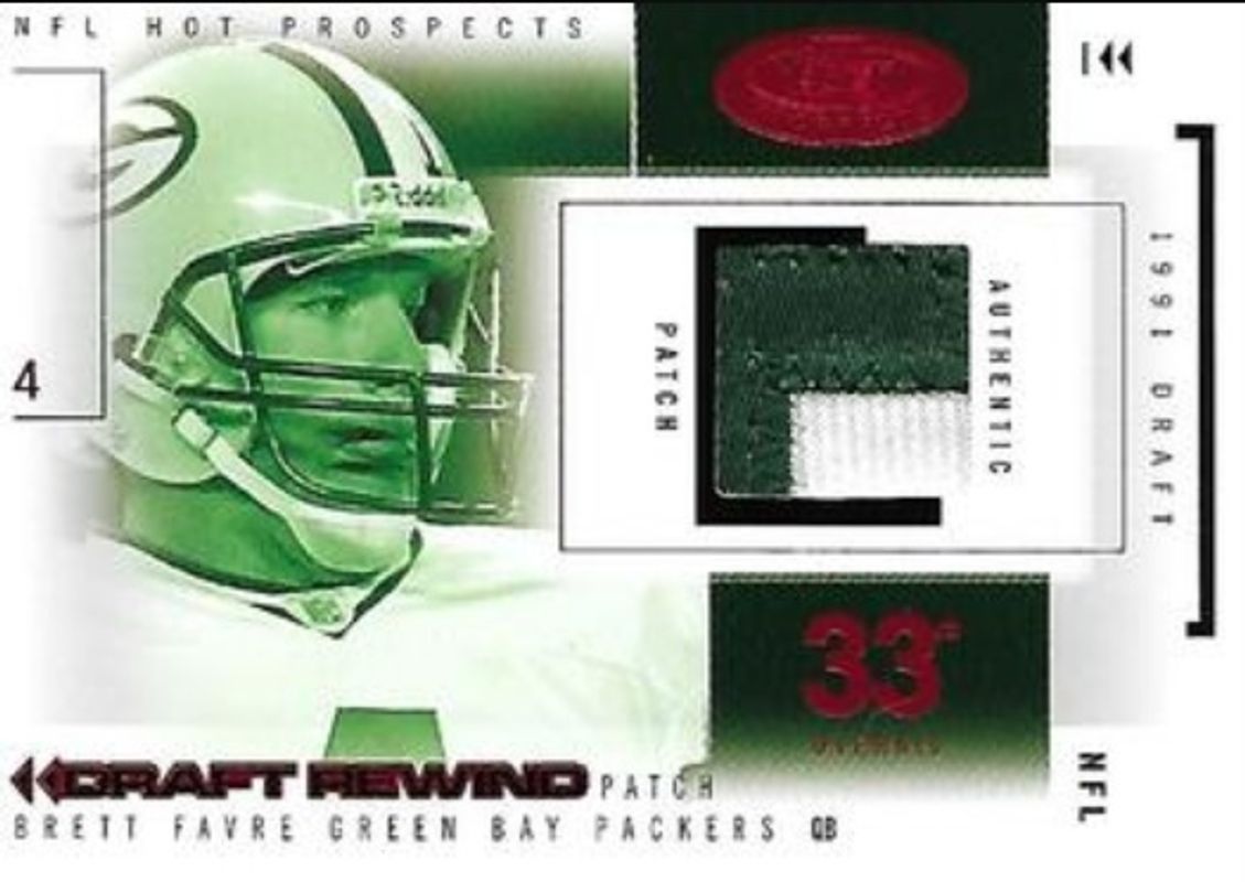 Brett Favre 2004 Fleer Hot Prospects #DR/BF Draft Rewind Jersey Patches - Red Hot /5 RAW