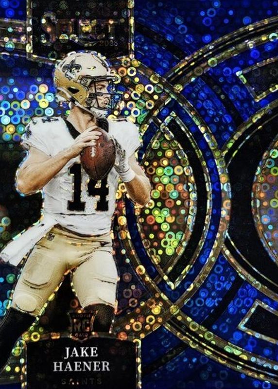 Jake Haener 2023 Select #186 Premier Level Blue Disco /25 Rookie RAW