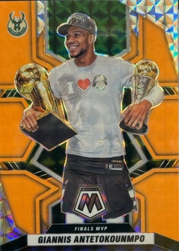 Giannis Antetokounmpo 2021 Mosaic #296 Finals MVPs - Orange Fluorescent /25 RAW