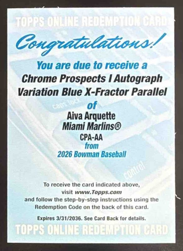 2026 Bowman #CPA-AA Chrome Prospect Autographs - Blue X-Fractor /150 (1st)